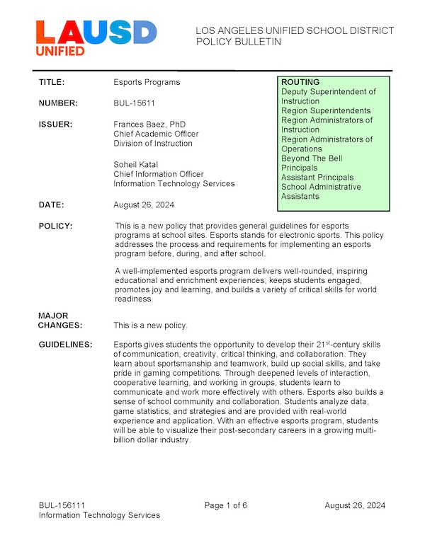 Cover Page of Bulletin 15611 - Esports Policy