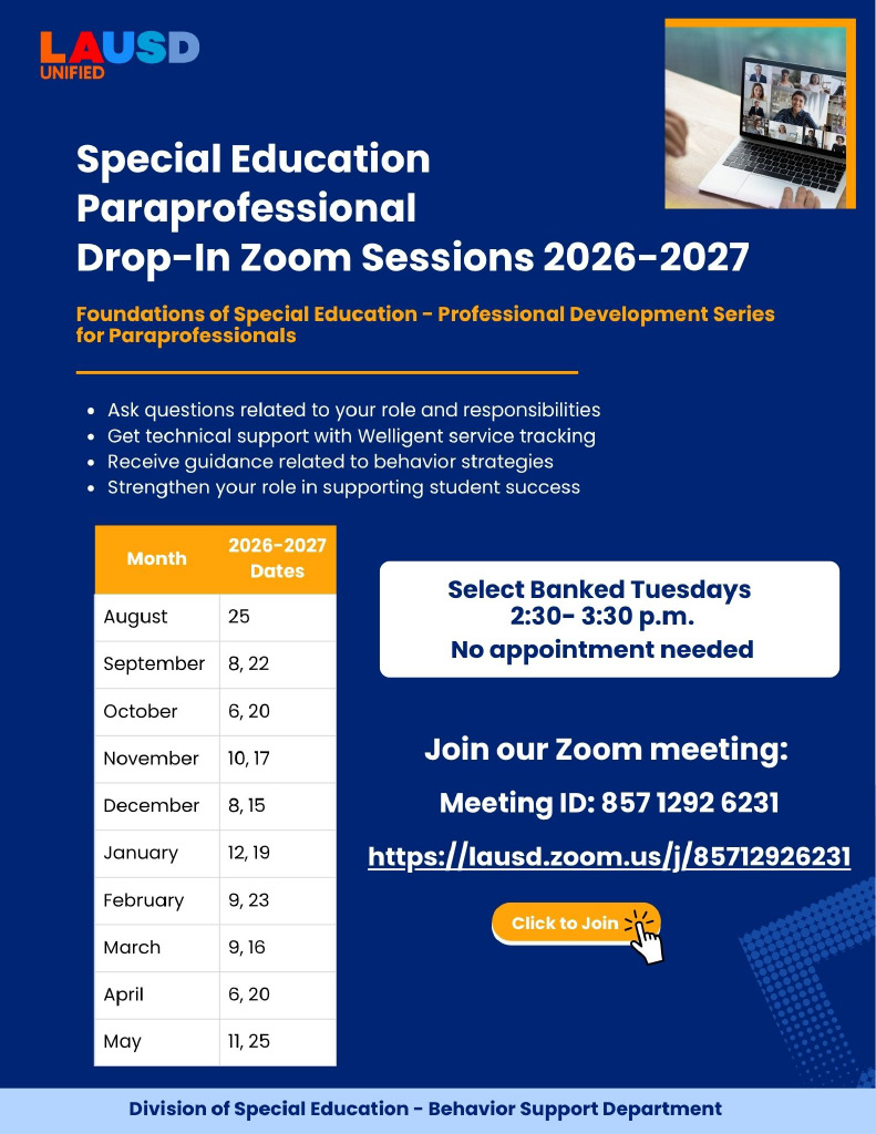 SPED Paraprofessional Drop-In Zoom Sessions