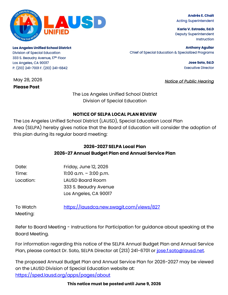 Notice of SELPA Local Plan Review