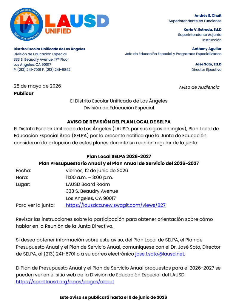 Notice of SELPA Local Plan Review